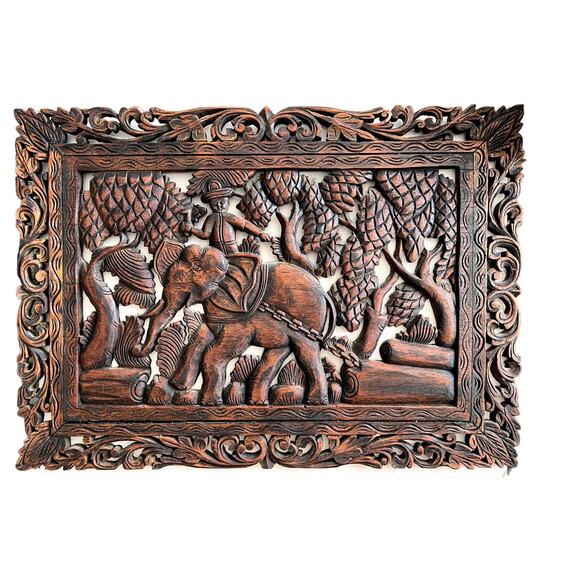 Hand Carved Vintage All Wood Artwork Thailand Elephant Native Scene Asian - Picture 1 of 4